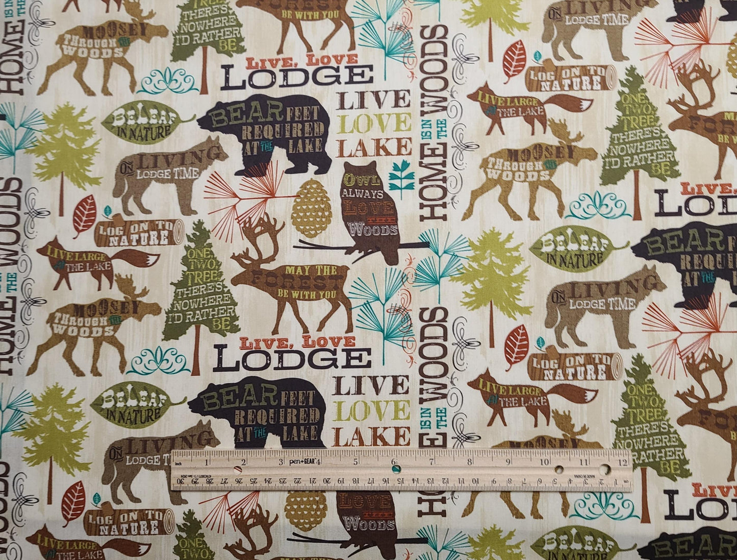 Life, Love, Lodge Pela Wild Apple David Textiles - Cream "Woodgrain" Fabric / Wildlife, Lodge Script Print