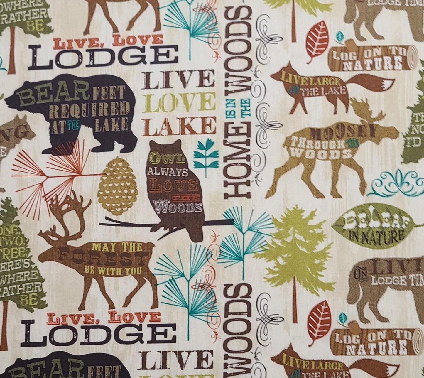 Life, Love, Lodge Pela Wild Apple David Textiles - Cream "Woodgrain" Fabric / Wildlife, Lodge Script Print