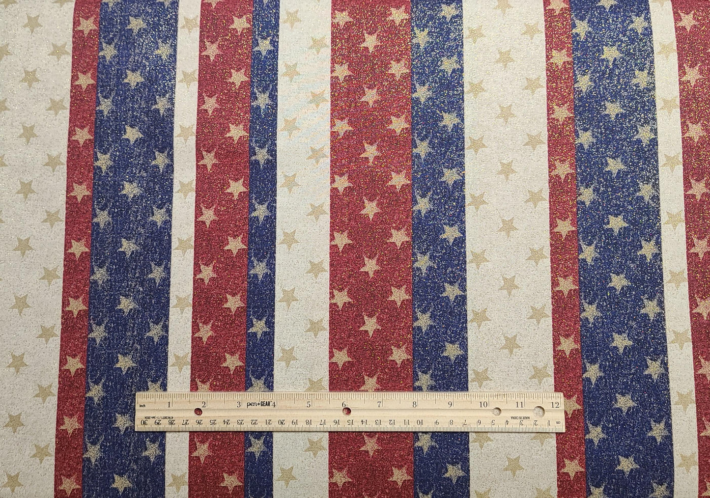 Heart of America Patty Reed Designs 2008 Fabric Traditions - Red, White, Blue Vertical Stripe (Par-Selv) Fabric/Gold Star Print/Gold Glitter