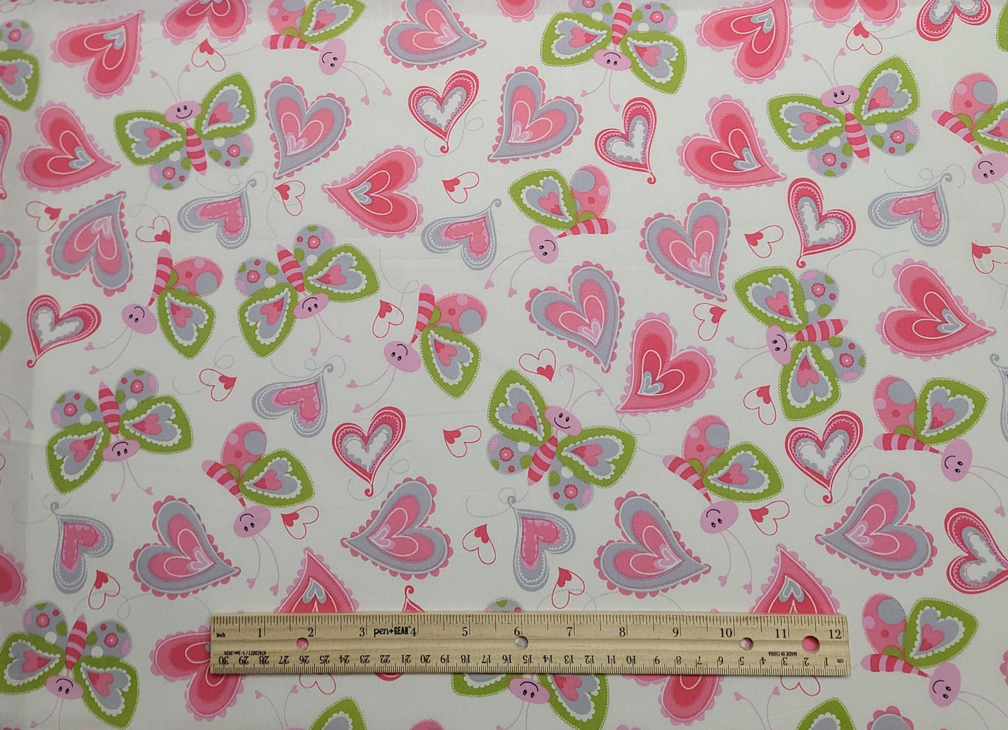 Keepsake Calico JoAnn Fabrics - White Fabric / Gray, Pink, Green Butterfly and Heart Print