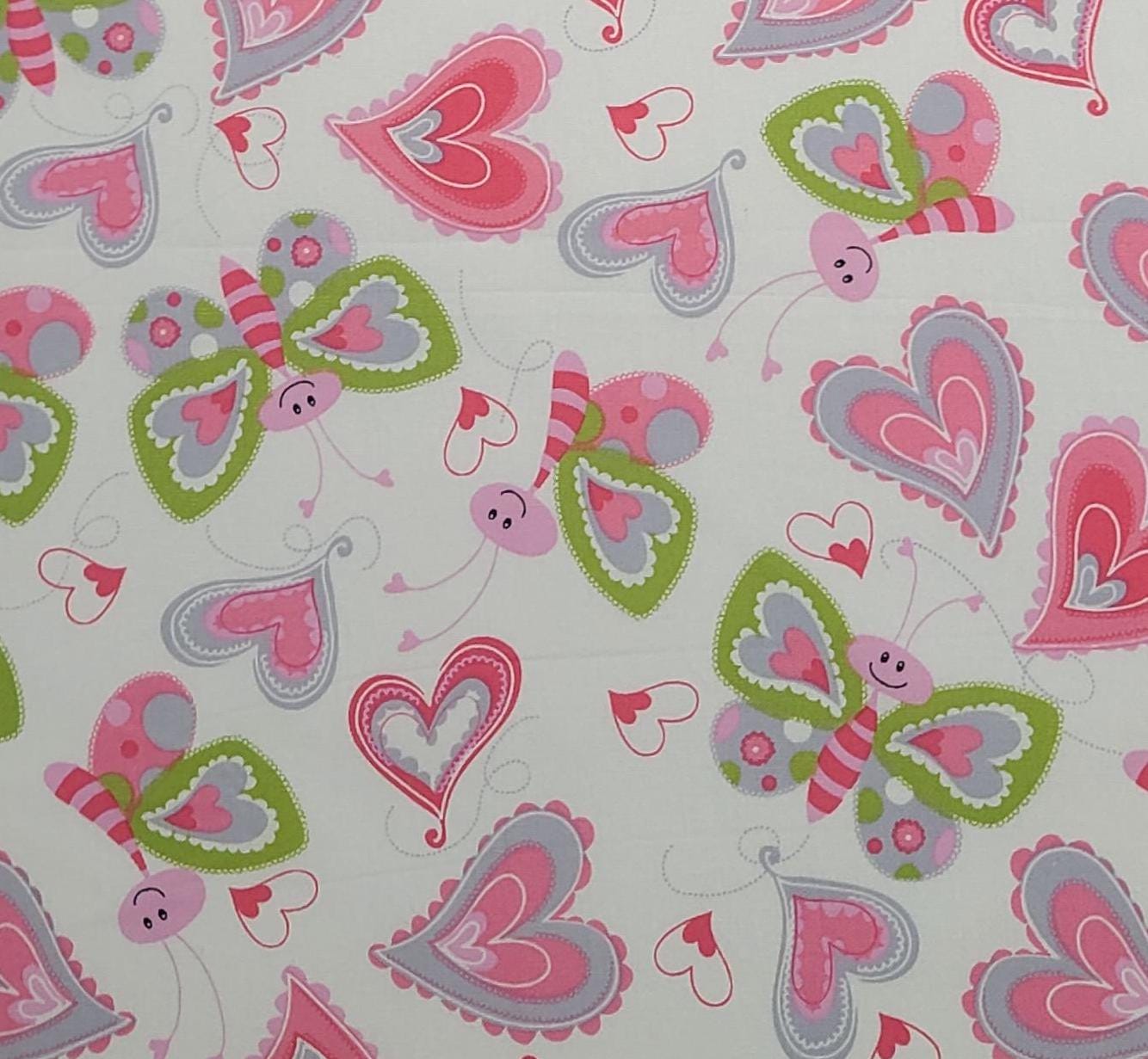 Keepsake Calico JoAnn Fabrics - White Fabric / Gray, Pink, Green Butterfly and Heart Print