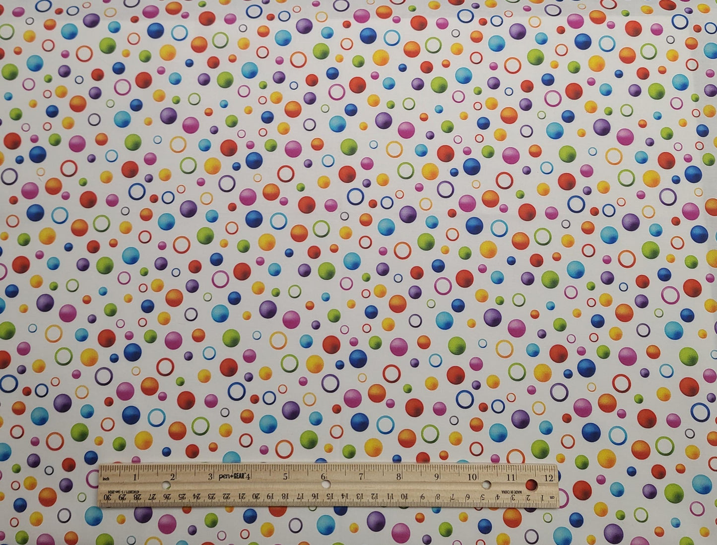 Keepsake Calico JoAnn Fabrics - White Fabric / Brightly Colored Circle and Sphere Print