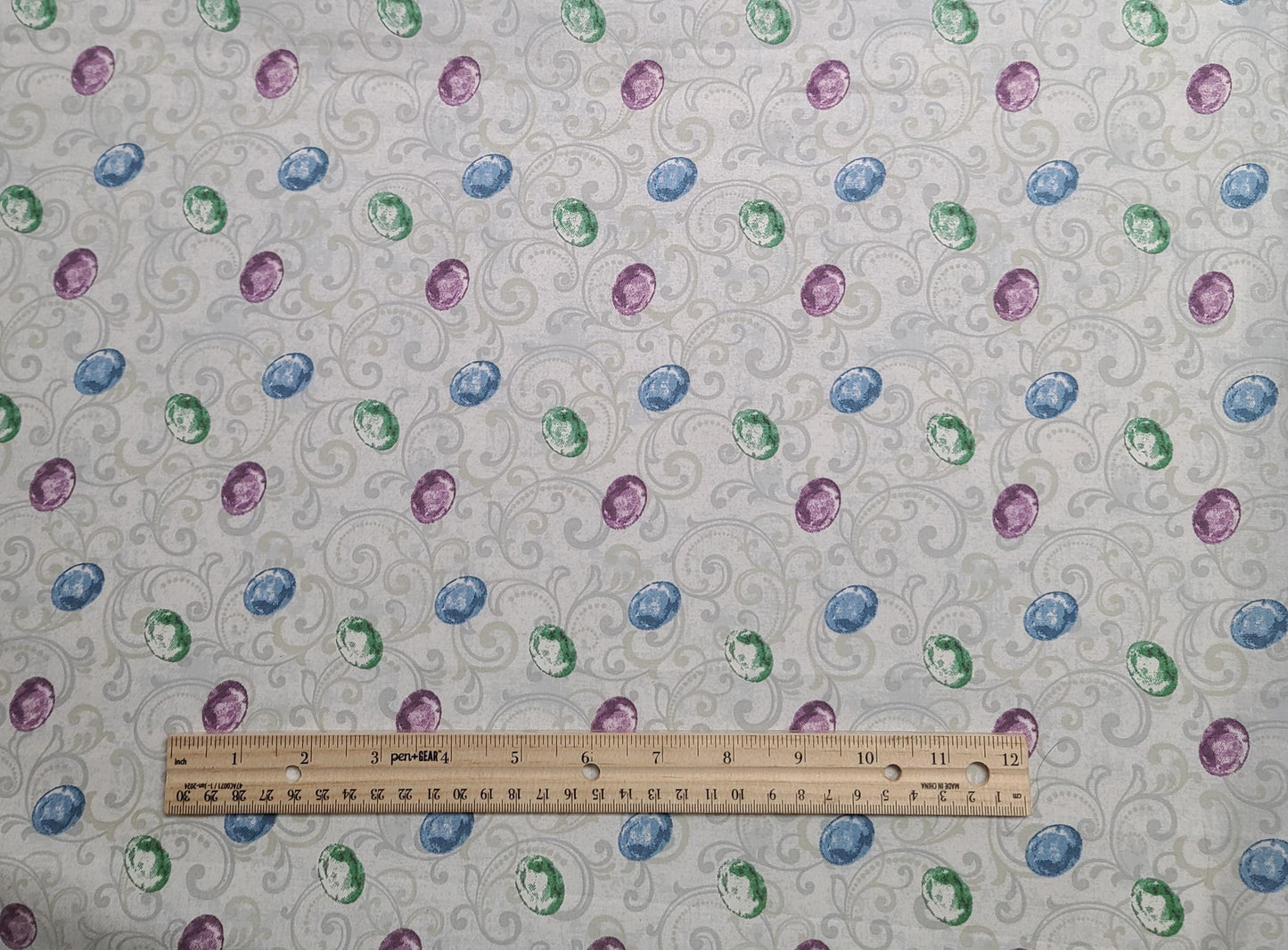 JoAnn Fabrics - White Fabric / Gray Filigree / Purple, Blue, Green Gemstone Print