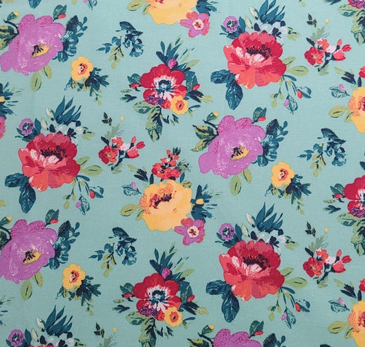 2021 The Pioneer Woman Earthbound LLC David Textiles - Aqua Fabric / Large Red, Orchid, Yellow Flower Print