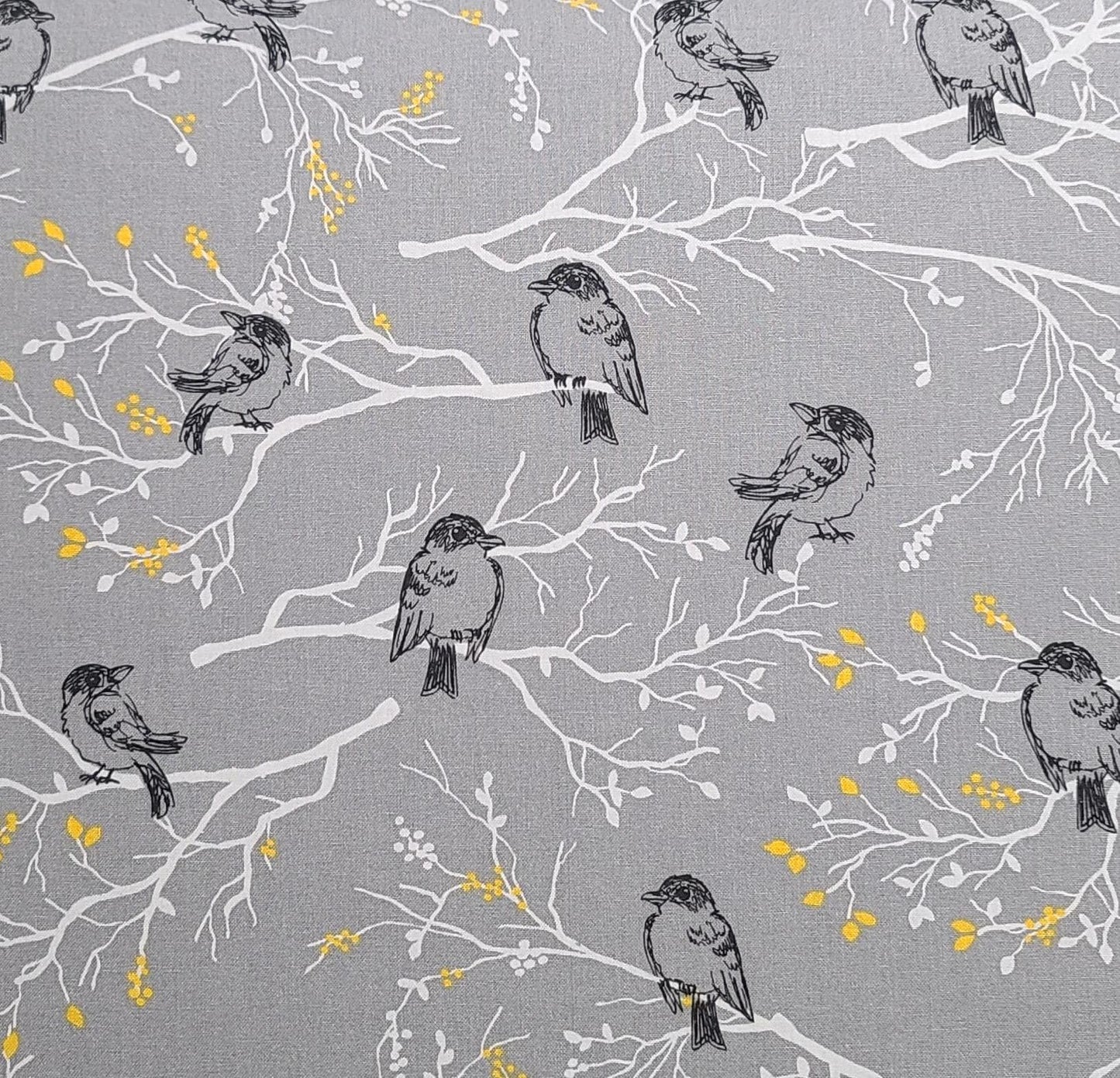 Keepsake Calico for JoAnn Fabrics - Gray Fabric / White, Gold, Black Branch, Leaf and Bird Print