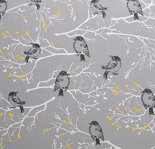 Keepsake Calico for JoAnn Fabrics - Gray Fabric / White, Gold, Black Branch, Leaf and Bird Print