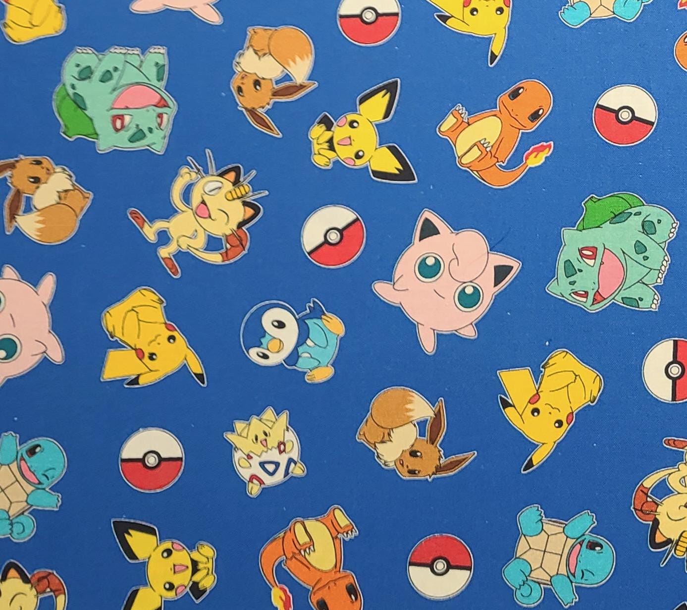 EOB - Pokemon Design #74312 2020 Nintendo Robert Kaufman - Medium Blue Fabric / Tossed Pokemon Characters Print