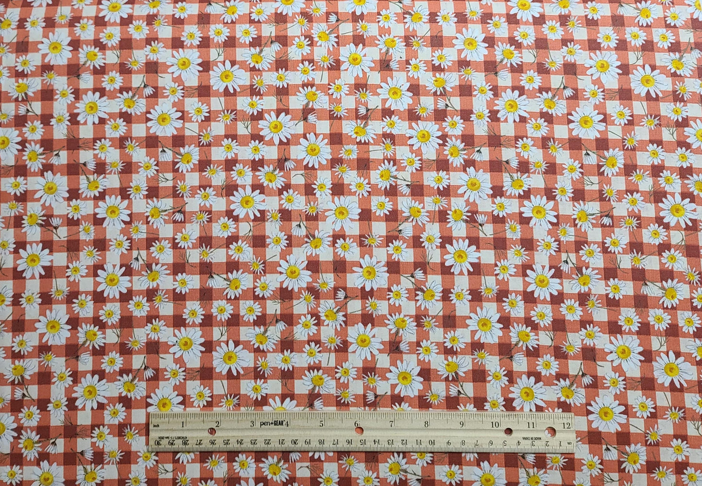 Keepsake Calico for JoAnn Fabrics - Dark Red, Coral, Tan Tablecloth Checkerboard Fabric / Tossed Daisy Print