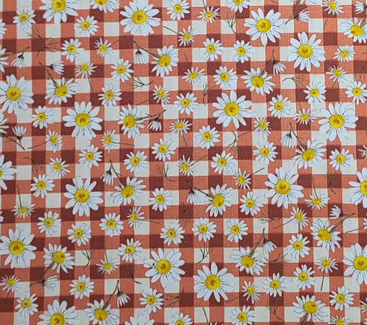 Keepsake Calico for JoAnn Fabrics - Dark Red, Coral, Tan Tablecloth Checkerboard Fabric / Tossed Daisy Print