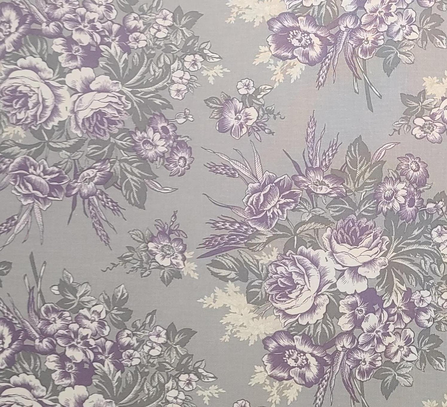 Putty & Mortar Marcus Fabrics Design 6752 - Putty Colored Fabric / Plum, White, Dark Putty-Colored Flower Bouquet Print