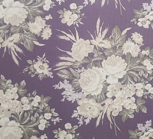 Putty & Mortar Marcus Fabrics Design 6752 - Plum Fabric / Tan, Khaki Flower Bouquet Print