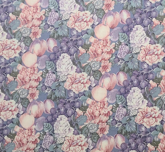 The Alexander Henry Collection - Denim Blue Fabric / Pink, Lavender, White, Green Packed Flower and Fruit Print