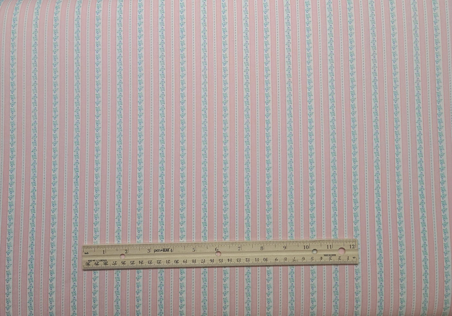 Fabric Traditions 1990 - Pink and White Stripe Fabric / Tiny Blue Rosebud Print