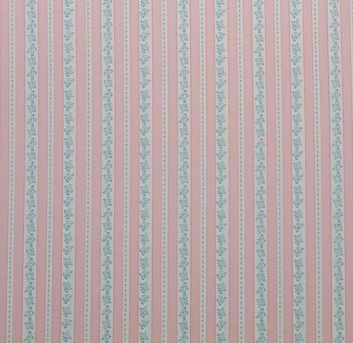 Fabric Traditions 1990 - Pink and White Stripe Fabric / Tiny Blue Rosebud Print