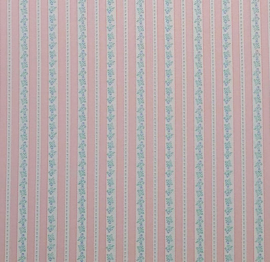 Fabric Traditions 1990 - Pink and White Stripe Fabric / Tiny Blue Rosebud Print