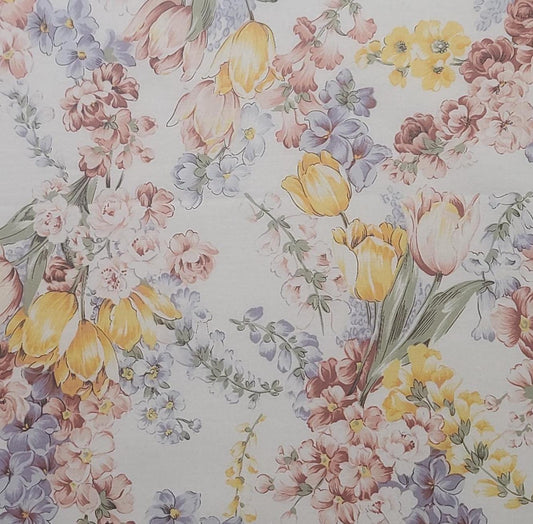 EOB - John Kaldor Fabricmaker - White Fabric / Lavender, Yellow, Gold, Pink Tossed Flower Bouquet Print