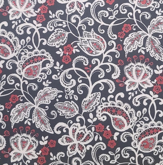 EOB - PATT NO 7024 Blank Quilting 2014 - Black Fabric / White Lace Paisley / Red Flower Print