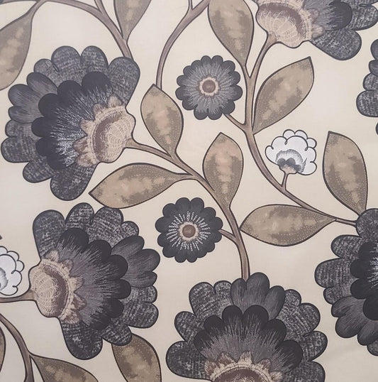 Floral Philosophy Maria Kalinowski Kanvas Benartex Pattern#FLOWERPHILOSOPHY-C6297 - Cream Fabric/Giant Black, Tan, White, Gray Flower Print