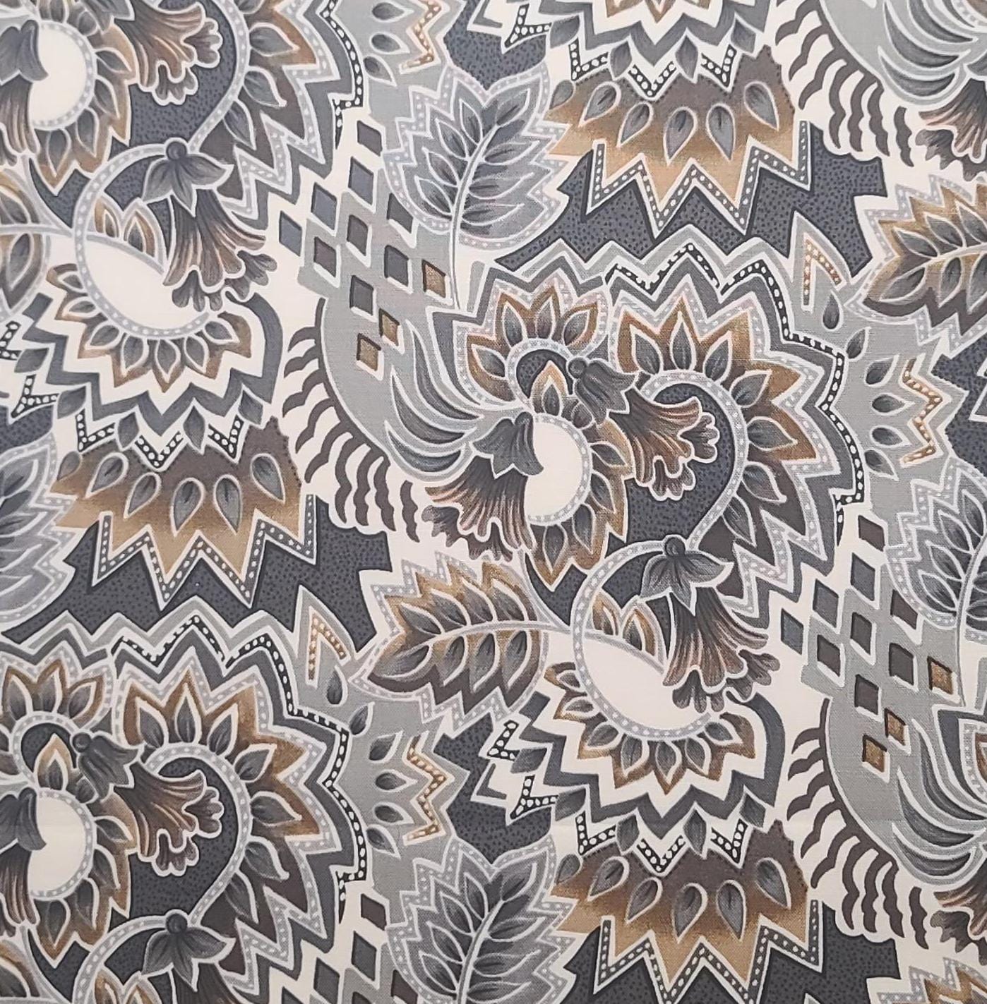 Patt#5954 Blank Textiles Inc - White Fabric / Black, Gray, Tan, Charcoal Geometric Flower Print