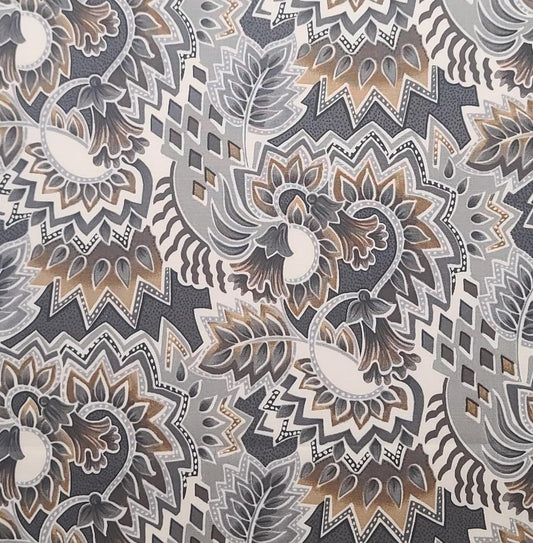 Patt#5954 Blank Textiles Inc - White Fabric / Black, Gray, Tan, Charcoal Geometric Flower Print