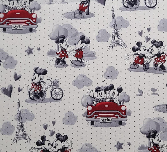 CP65215 Vintage Scenes of Romance Disney for Springs Creative 2021 - White Fabric, Gray Spots/Red, Gray, Black Mickey & Minnie Paris Scenes