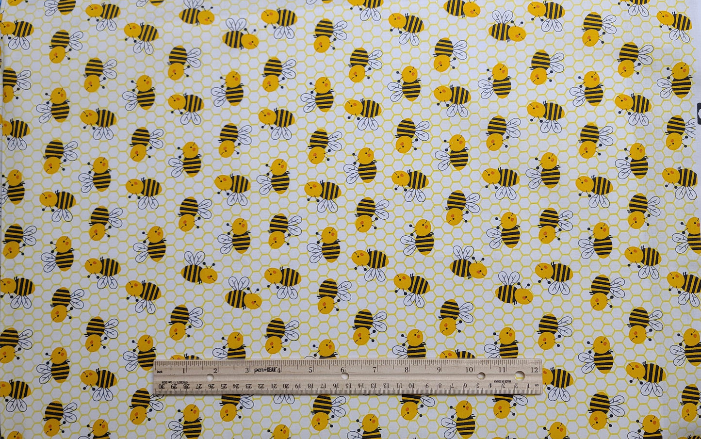 JoAnn Fabrics - White Fabric / Yellow Honeycomb Background / Tossed Bumble Bee Print