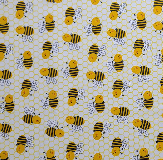 JoAnn Fabrics - White Fabric / Yellow Honeycomb Background / Tossed Bumble Bee Print