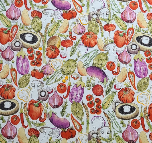 JoAnn Fabrics - White Fabric / Tossed Vegetable Print / Purple, Red, Green, Mushroom