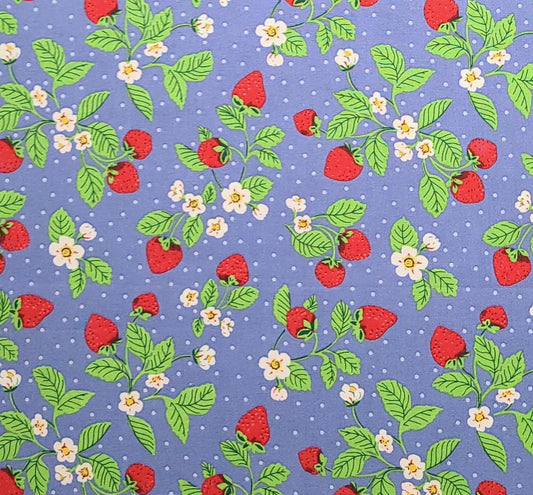 JoAnn Fabrics - Light Periwinkle Blue Fabric with White Scattered Polka Dot Background / Strawberry Flower and Berry Print