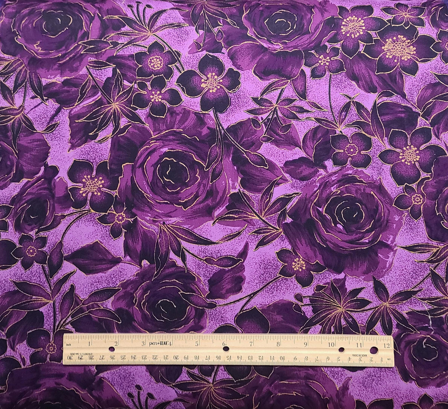 BATIK - 36" WIDE Hawaiian Textiles 6219 Lavender Fabric / Plum Floral Pattern / Gold Metallic Accents