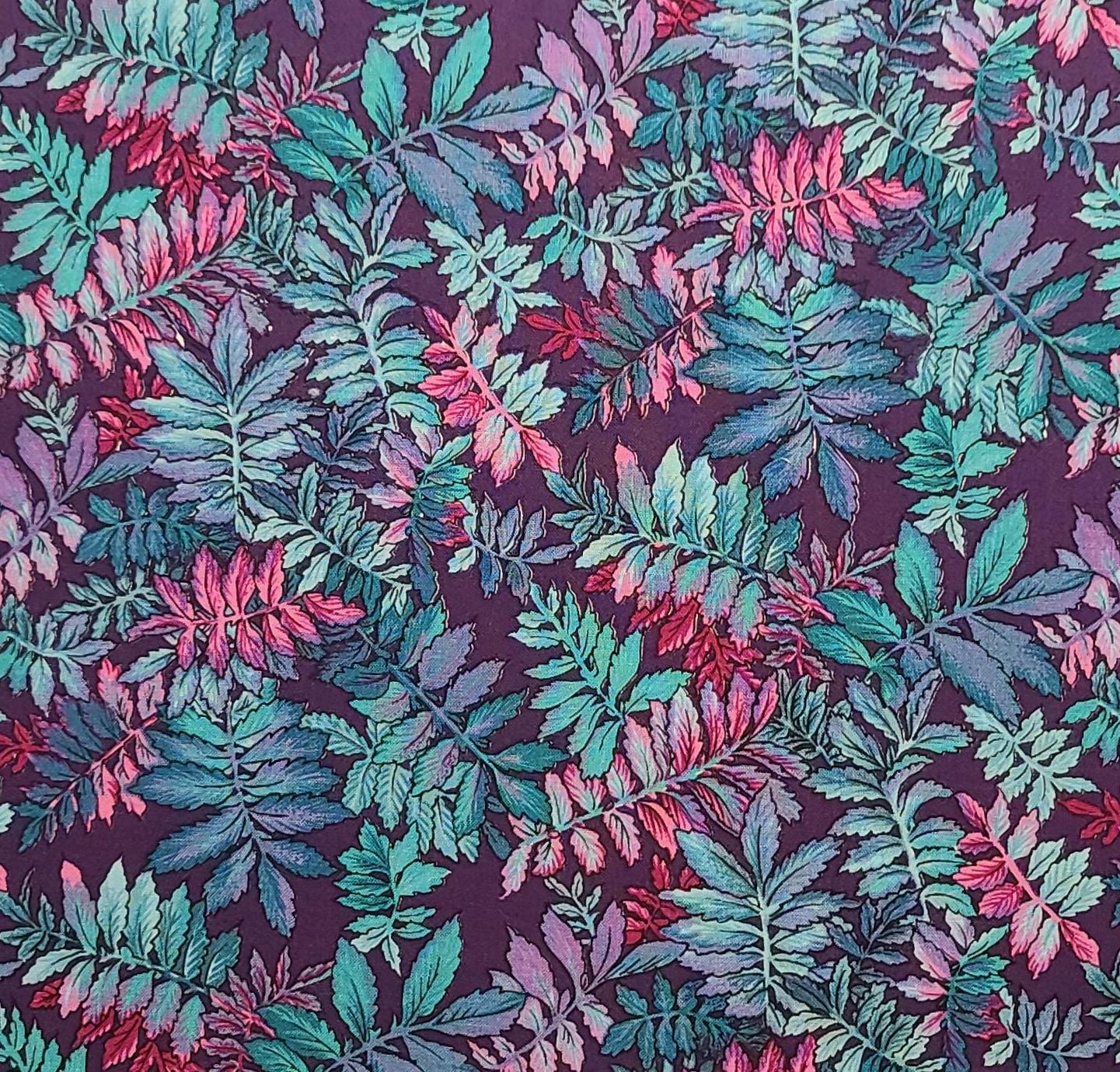 Pheasant Hill by Hoffman International Fabrics - Plum Fabric / Teal and Bright Pink Packed Leaf Print