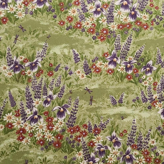 Lady Slipper Lodge by Holly Taylor for Moda Stock #6581 - Olive Tonal Fabric / Purple, Red, White Flower Meadow Print