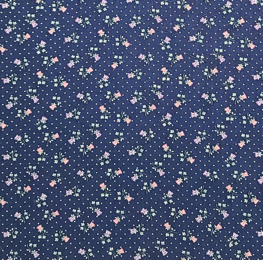 Wamsutta Mills - Navy Fabric with White Micro Dot Background / Rose and Lavender Tossed Flower Print