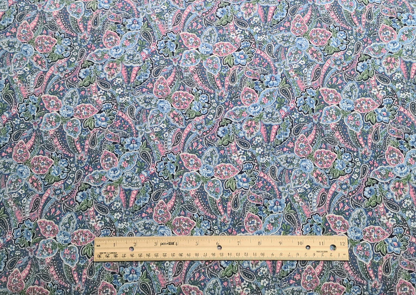 Peter Pan Fabrics - Blue, Navy, Pink, White, Green Packed Floral Paisley Print Fabric