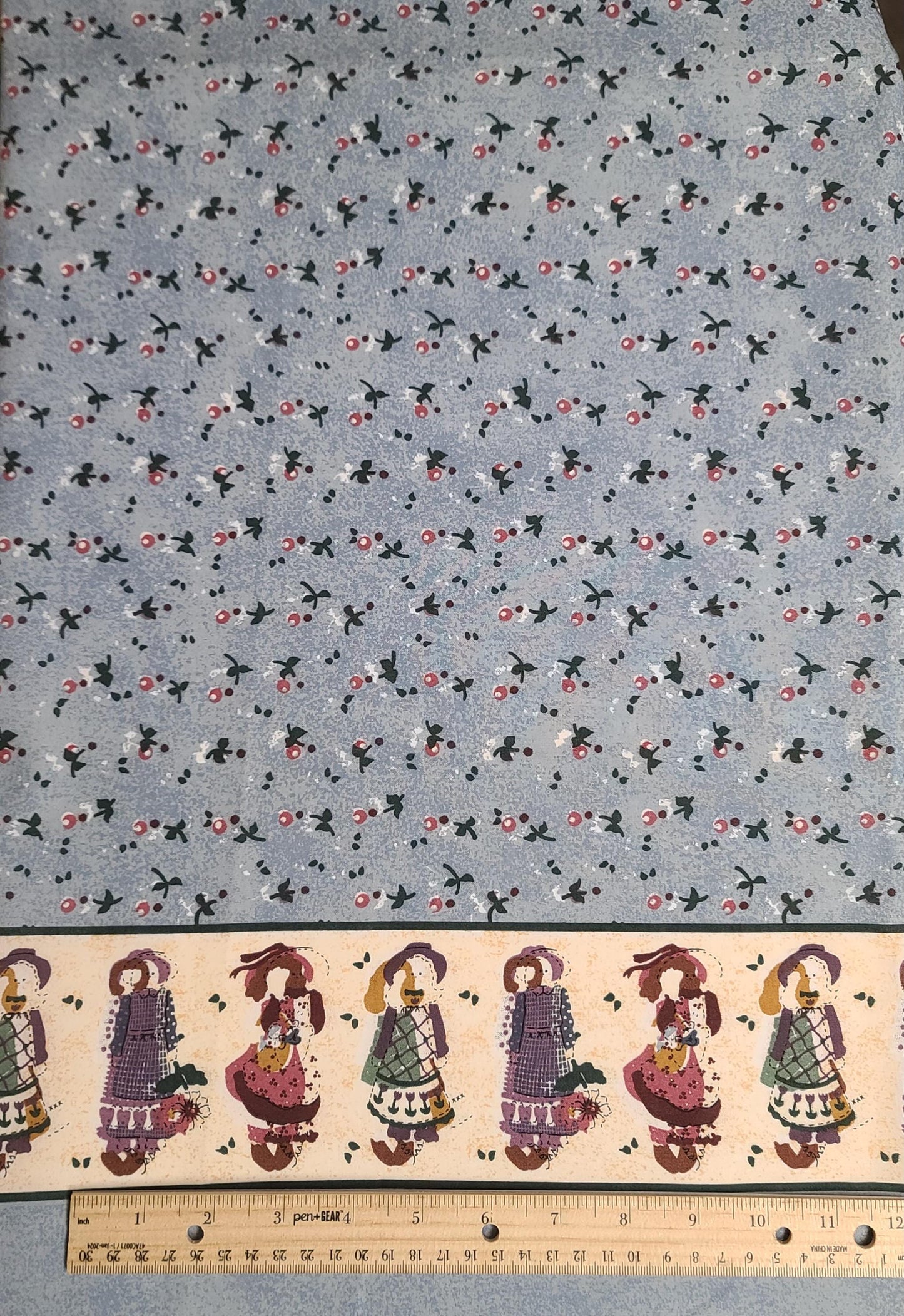 Leslie Beck for VIP Cranston Print Works - Rag Doll Single Border Print Fabric / Light Slate Blue Tonal Fabric / Rag Doll, Berry, Leaf Print