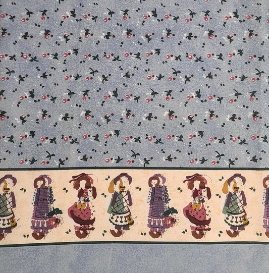 Leslie Beck for VIP Cranston Print Works - Rag Doll Single Border Print Fabric / Light Slate Blue Tonal Fabric / Rag Doll, Berry, Leaf Print