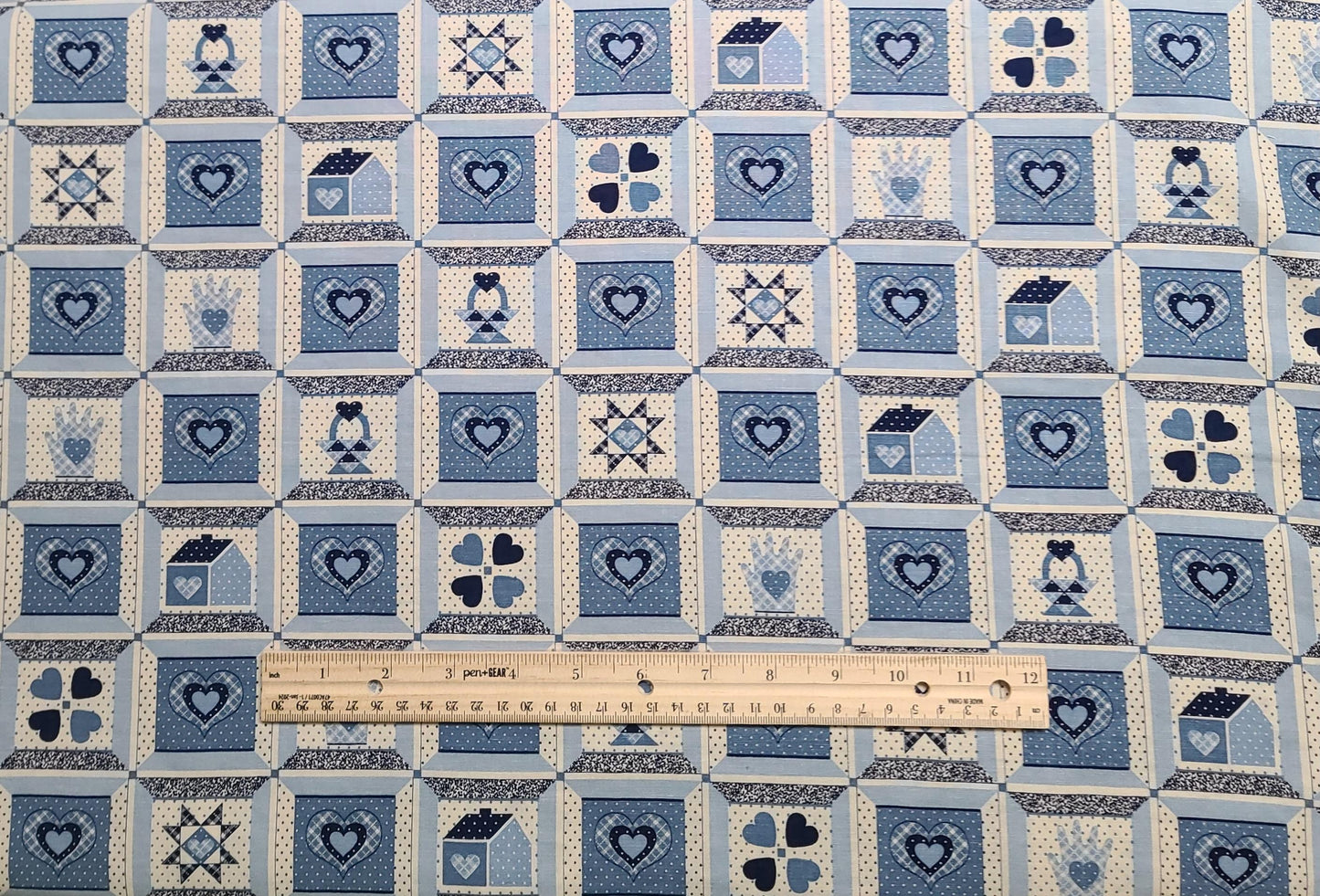 Marti Michell Springs Industries - Vintage Blue and White Cheater Cloth Fabric / Hearts, Hands, House, Basket, Star