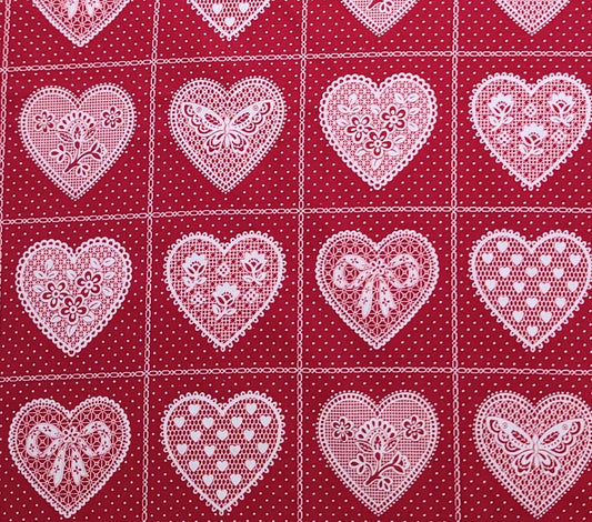 VIP Cranston Print Works - Dark Red Fabric / White Micro Dot and Lace Heart Block Print