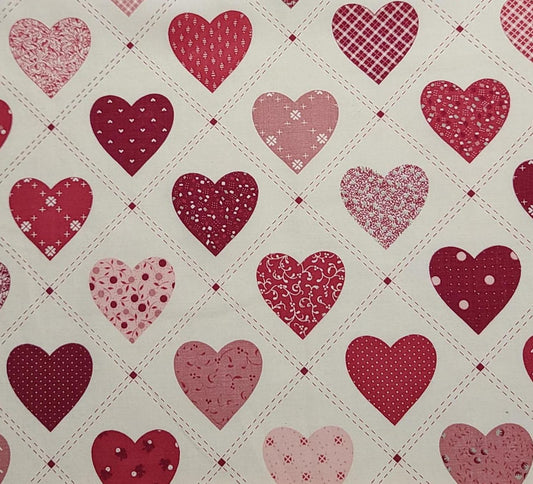 EOB - Marti Michell for Springs Industries - Ecru Fabric / Red, Pink Heart and Diamond Block Print