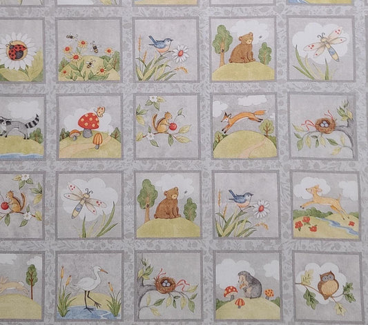 CP67729 D is for Dear Patch Susan Winget - Cheater Block Cloth / Gray, Yellow, Red, Brown Cartoon-Style Woodland Animals