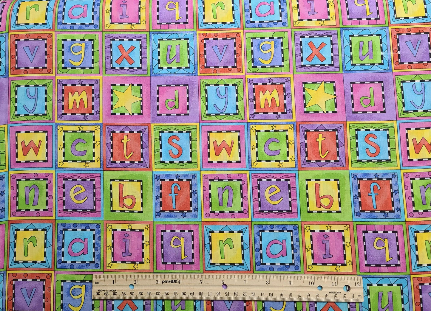 EOB - Bright Pastel Alphabet Block Print Fabric - Selvage to Selvage Print