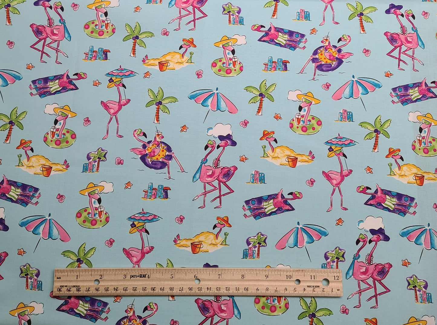 EOB - AYQ Flamingo Beach D#72742 - Light Blue Fabric / Bright Pastel Colored Flamingo Beach Print