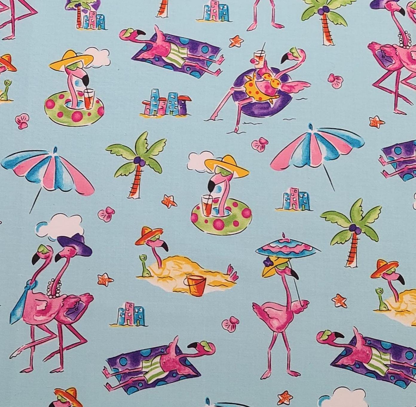 EOB - AYQ Flamingo Beach D#72742 - Light Blue Fabric / Bright Pastel Colored Flamingo Beach Print