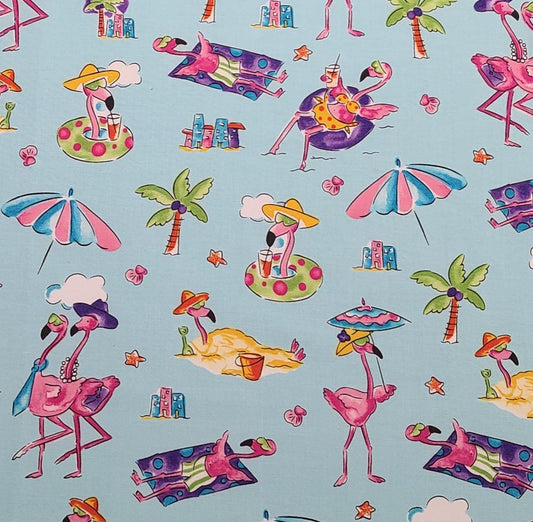 EOB - AYQ Flamingo Beach D#72742 - Light Blue Fabric / Bright Pastel Colored Flamingo Beach Print