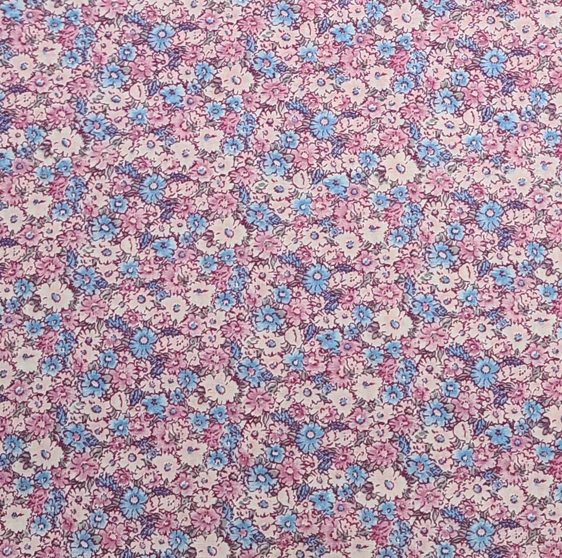 EOB - Vintage Pink and Blue Packed Flower Print Leightweight Fabric - Selvage to Selvage Print