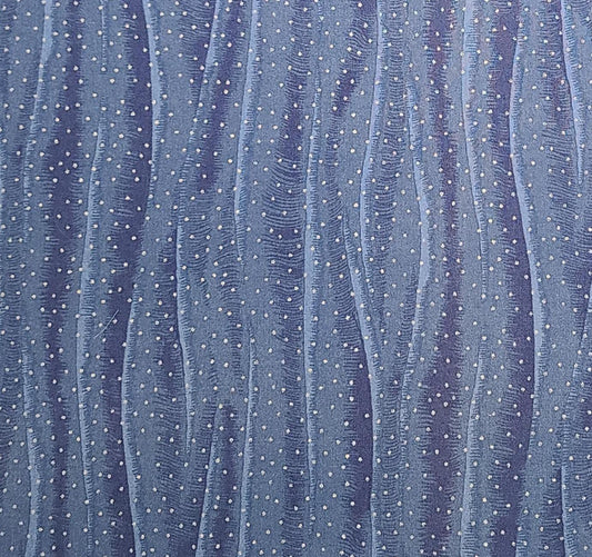 EOB - Blue Tonal Wavy Vertical Stripe (Parallel to Selvage) Fabric / Silver Metallic Micro Dot - Selvage to Selvage Print