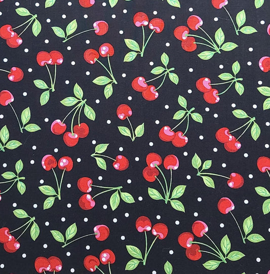 EOB - Fruit Basket D#6798 - Black Fabric / Tossed Red, Green Cherry Print / White Polka Dot