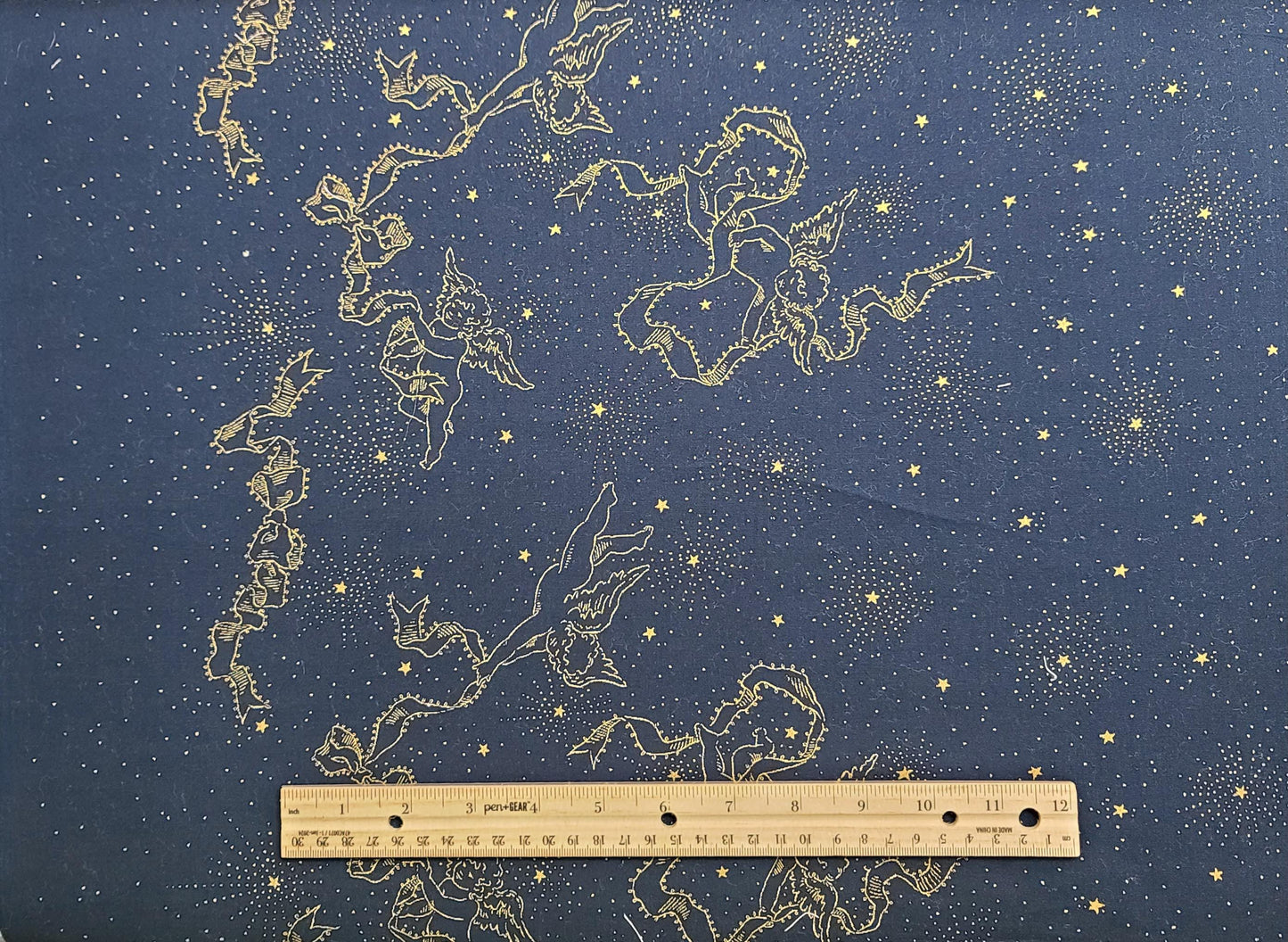 Navy Border Fabric / Gold Metallic Angels (21") / Gold Metallic Stars (21")