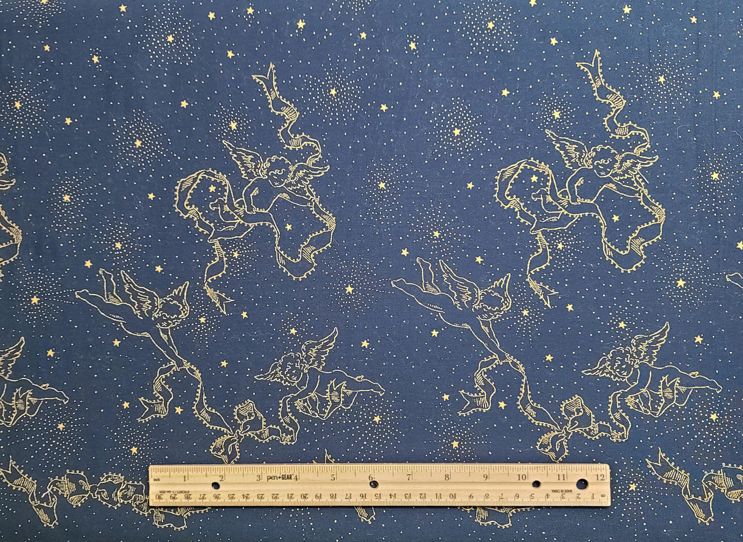 Navy Border Fabric / Gold Metallic Angels (21") / Gold Metallic Stars (21")