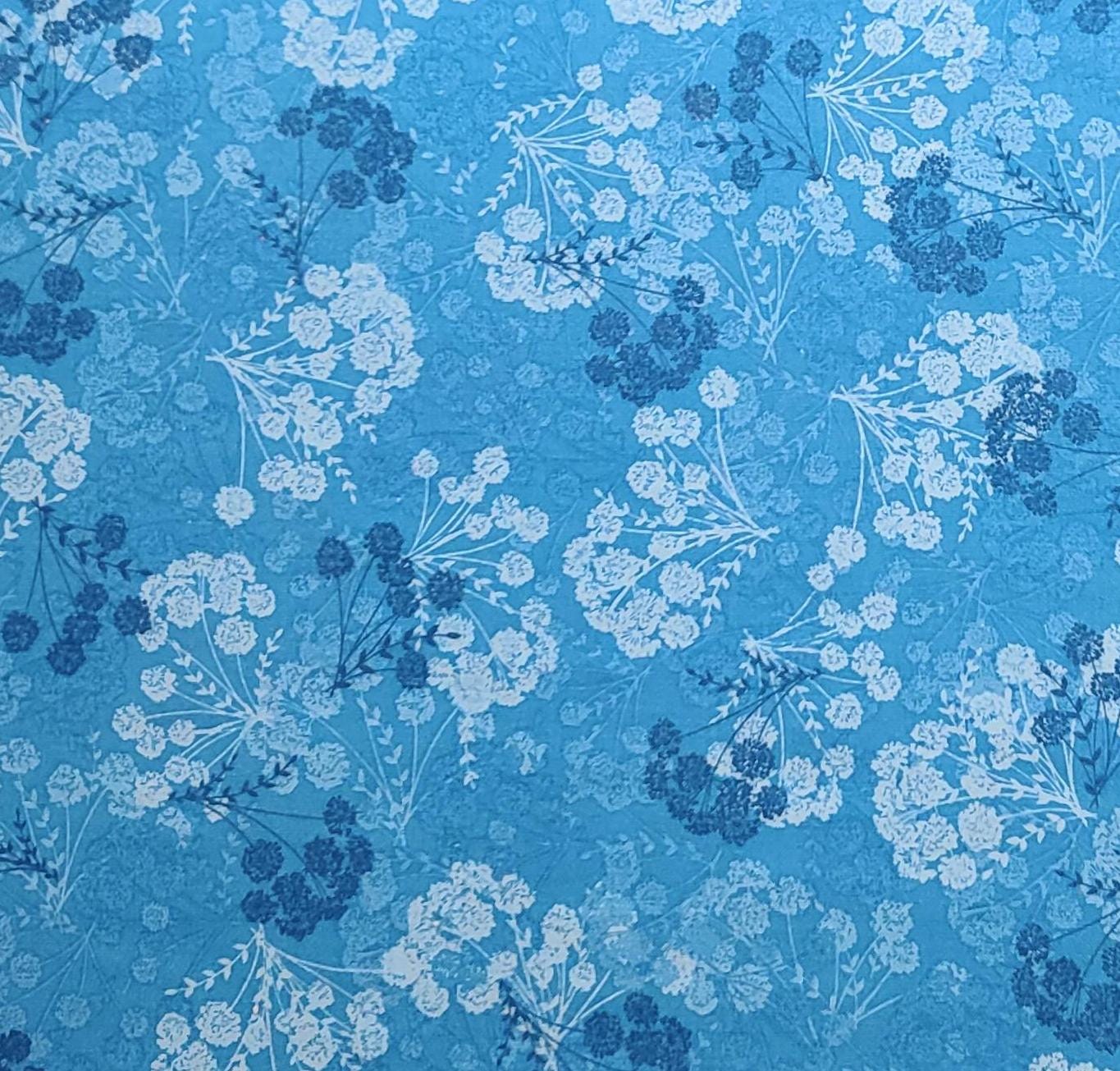 EOB - Alexander's Flower Blenders by M'Liss - Bright Blue Fabric / White, Pale Blue, Dark Blue Tossed Flower Bouquet Print